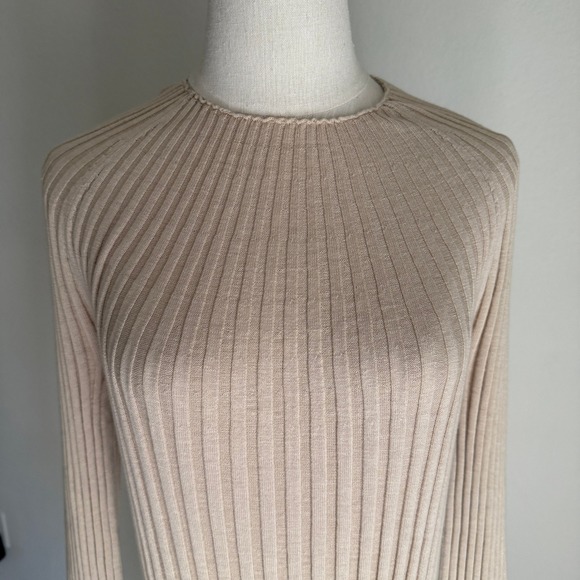 Loulou Studio $439 Uturoa Ribbed Long Sleeve Midi Dress Silk Cotton Beige Small - Picture 2 of 10